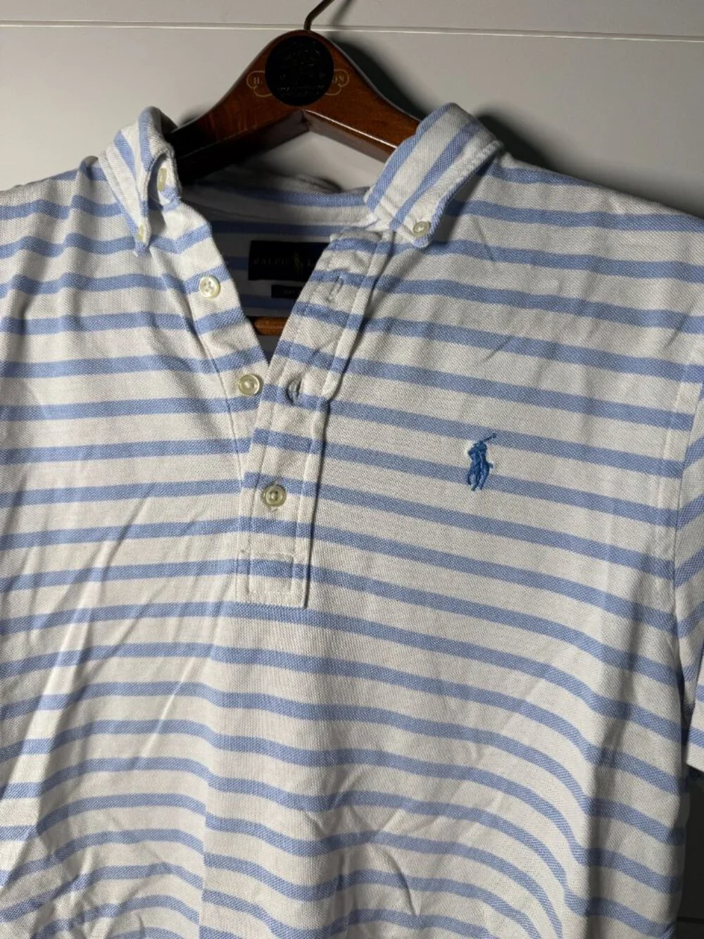 Ralph Lauren Knit Oxford Short Sleeve Polo Blue &n White Stripe 100% Cotton Sz L